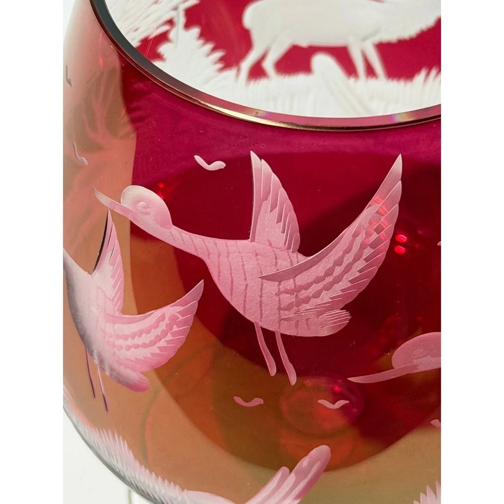 Echt‎ Kristall Ruby Red Cut to Clear Glass Brandy Snifter Vase Stag Ducks Forest